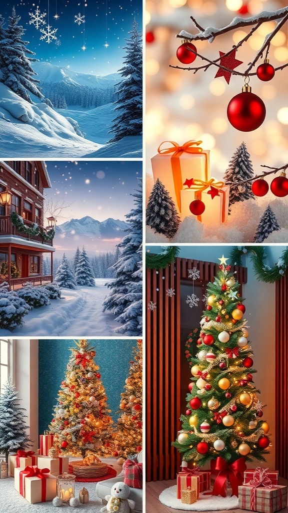A variety of Christmas background images including snowy scenes, decorated trees, and festive ornaments.